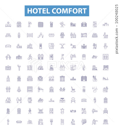 Hotel comfort line icons, signs set. Convenience, Amenity, Luxury, Accommodation, Coziness, Homey, Comforting, Comfort, Relaxation outline vector illustrations. 100248025