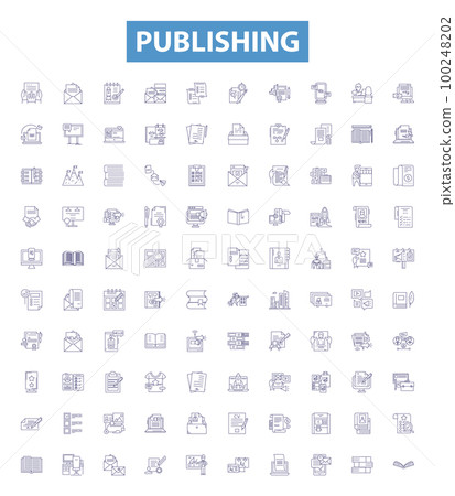 Publishing line icons, signs set. Printing, distribution, editing, marketing, manuscripts, magazines, books, newspapers, scripts outline vector illustrations. Publishing line icons, signs set. Printing, distribution, editing, marketing, manuscripts, magazines, books, newspapers, scripts outline vector illustrations. 100248202