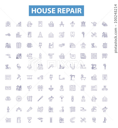 House repair line icons, signs set. Housekeeping, Plumbing, Painting, Tiling, Carpentry, Roofing, Caulking, Insulation, Sweeping outline vector illustrations. House repair line icons, signs set. Housekeeping, Plumbing, Painting, Tiling, Carpentry, Roofing, Caulking, Insulation, Sweeping outline vector illustrations. 100248214