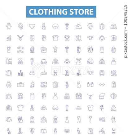 Clothing store line icons, signs set. Apparel, Clothing, Garment, Store, Outfit, Boutique, Shop, Retailer, Footwear outline vector illustrations. Clothing store line icons, signs set. Apparel, Clothing, Garment, Store, Outfit, Boutique, Shop, Retailer, Footwear outline vector illustrations. 100248219