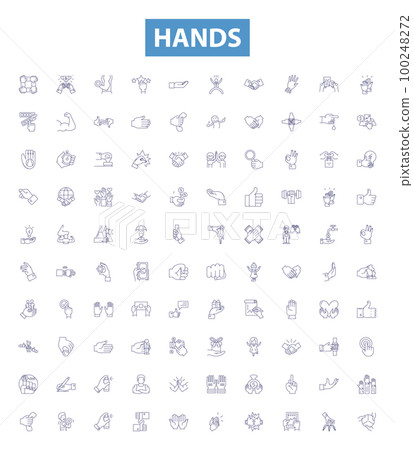 Hands line icons, signs set. Palms, Clenched, Reach, Squeeze, Shake, Grasp, Fingers, Gloves, Nails outline vector illustrations. Hands line icons, signs set. Palms, Clenched, Reach, Squeeze, Shake, Grasp, Fingers, Gloves, Nails outline vector illustrations. 100248272