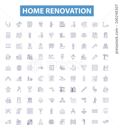 Home renovation line icons, signs set. Renovate, Remodel, Redecorate, Repair, Update, Decorate, Paint, Install, Refurbish outline vector illustrations. 100248307