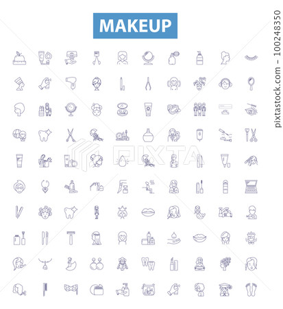 Makeup line icons, signs set. Cosmetics, Foundation, Blush, Powder, Concealer, Mascara, Eyeliner, Lipstick, Lipgloss outline vector illustrations. Makeup line icons, signs set. Cosmetics, Foundation, Blush, Powder, Concealer, Mascara, Eyeliner, Lipstick, Lipgloss outline vector illustrations. 100248350