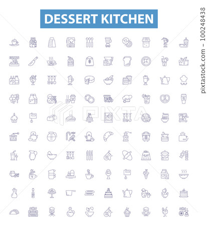 Dessert kitchen line icons, signs set. Cake, Pie, Icecream, Cookie, Sweet, Pudding, Crepe, Tart, Cupcake outline vector illustrations. Dessert kitchen line icons, signs set. Cake, Pie, Icecream, Cookie, Sweet, Pudding, Crepe, Tart, Cupcake outline vector illustrations. 100248438