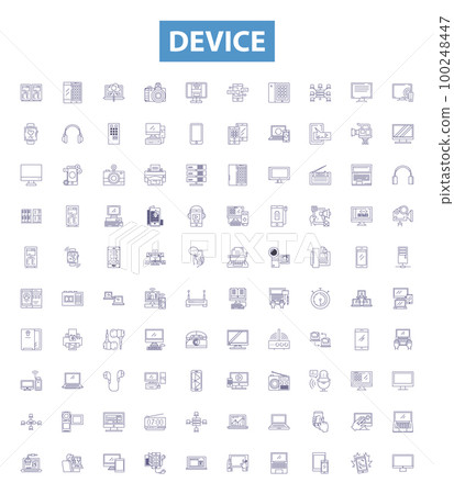 Device line icons, signs set. Device, Gadget, Tool, Equipment, Implement, Gizmo, Contraption, Mechanism, Apparatus outline vector illustrations. Device line icons, signs set. Device, Gadget, Tool, Equipment, Implement, Gizmo, Contraption, Mechanism, Apparatus outline vector illustrations. 100248447