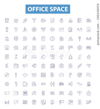 Office space line icons, signs set. Cubicle, Desk, Chair, Computer, Printer, Office, Supply, Room, Layout outline vector illustrations. Office space line icons, signs set. Cubicle, Desk, Chair, Computer, Printer, Office, Supply, Room, Layout outline vector illustrations. 100248454