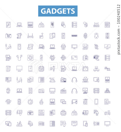 Gadgets line icons, signs set. devices, electronics, appliances, tools, technology, toys, iPhones, computers, tablets outline vector illustrations. 100248512