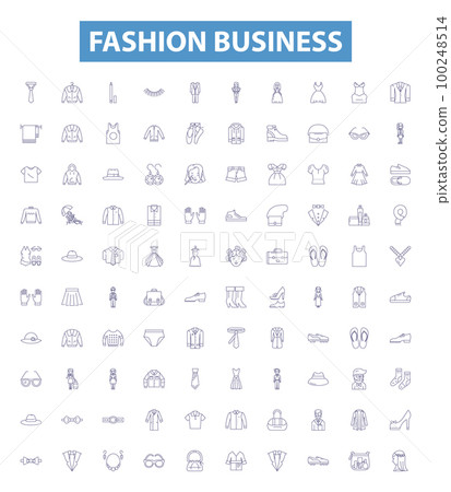 Fashion business line icons, signs set. Style, Apparel, Retail, Branding, Garment, Textiles, Clothing, Luxury, Shopping outline vector illustrations. 100248514