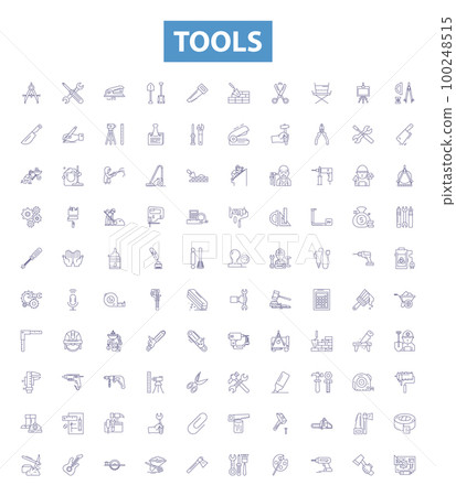 Tools line icons, signs set. Spanner, Wrench, Hammer, Pliers, Drill, Saw, Screwdriver, Ruler, Hacksaw outline vector illustrations. 100248515