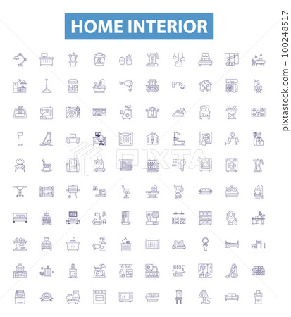 Home interior line icons, signs set. Decor, Furnishings, Design, Lighting, Renovation, Wallpaper, Carpet, Flooring, Paint outline vector illustrations. 100248517