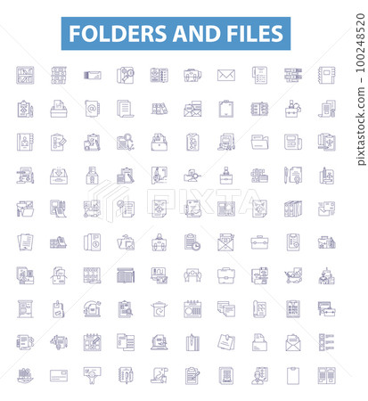 Folders and files line icons, signs set. folders, files, organization, storage, backup, archive, retrieval, sharing, collaboration outline vector illustrations. Folders and files line icons, signs set. folders, files, organization, storage, backup, archive, retrieval, sharing, collaboration outline vector illustrations. 100248520
