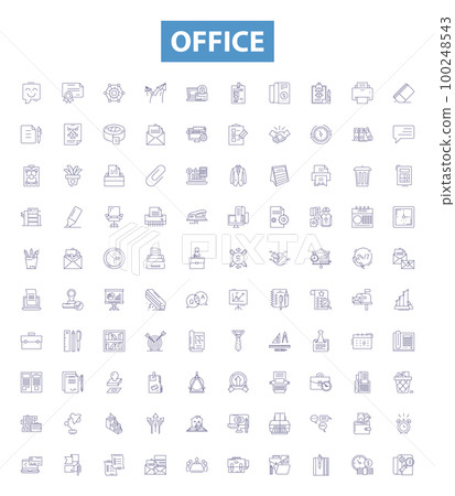 Office line icons, signs set. Office, Desk, Chair, Computer, Printer, Filing, Supplies, Stationery, Paper outline vector illustrations. Office line icons, signs set. Office, Desk, Chair, Computer, Printer, Filing, Supplies, Stationery, Paper outline vector illustrations. 100248543