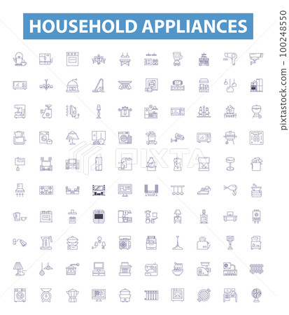 Household appliances line icons, signs set. Iron, Vacuum, Kettle, Blender, Stand mixer, Toaster, Refrigerator, Stove, Washer outline vector illustrations. 100248550