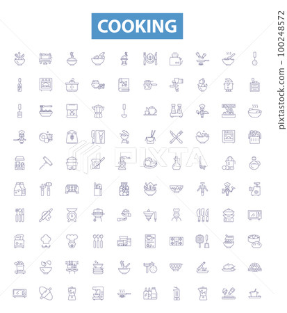 Cooking line icons, signs set. Cuisine, Recipes, Baking, Simmering, Frying, Boiling, Grilling, Roasting, Sauteing outline vector illustrations. 100248572