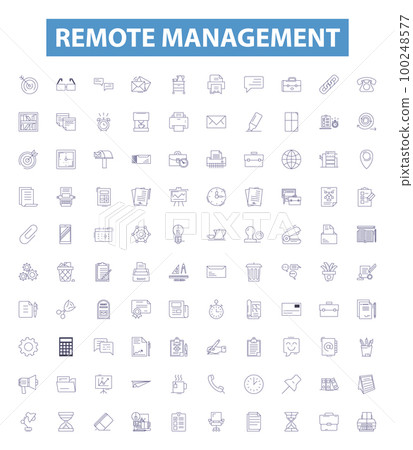Remote management line icons, signs set. Remote, Management, Control, Access, Monitor, Administration, Audit, Automate, Secure outline vector illustrations. 100248577