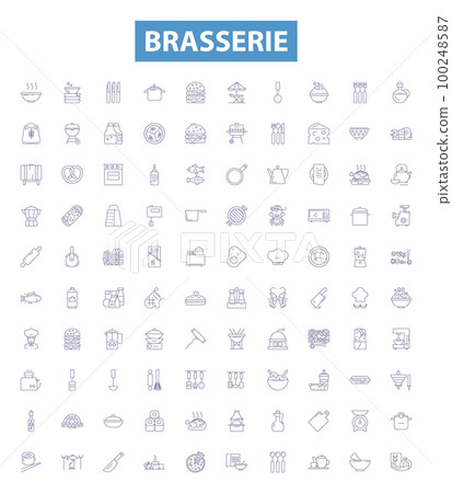 Brasserie line icons, signs set. Brewery, Bistro, Gastropub, Pub, Winebar, Ales, Lagers, Hops, Barley outline vector illustrations. 100248587