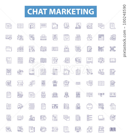 Chat marketing line icons, signs set. Chatbot, Messaging, Automation, Conversation, Engagement, Email, Targeting, Campaigns, Ads outline vector illustrations. 100248590