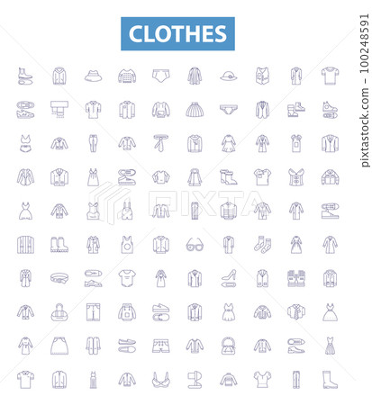 Clothes line icons, signs set. Garment, Outfit, Apparel, Clothing, Dress, Suit, Shawl, Skirt, Robe outline vector illustrations. Clothes line icons, signs set. Garment, Outfit, Apparel, Clothing, Dress, Suit, Shawl, Skirt, Robe outline vector illustrations. 100248591