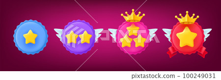 Different rank emblems with stars. Game achievement badges collection. 3d vector clipart 100249031