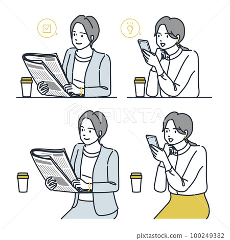 Person: A woman reading a newspaper or an electronic version of a smartphone / suit / cafe 100249382