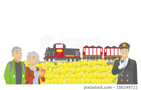 乘坐無軌電車穿過油菜花田的老年夫婦 100249722