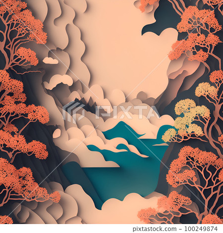 jIllustration material: Japanese landscape paper art "AI generated image" 100249874