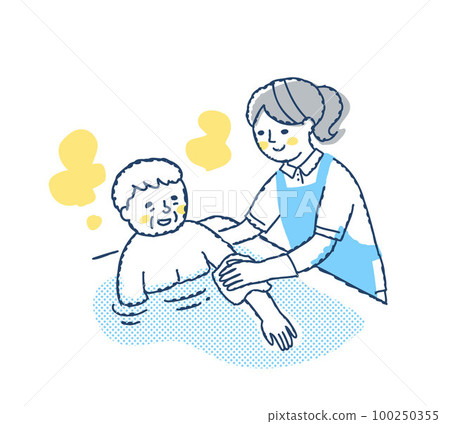 Nursing staff assisting senior women in bathing Nursing staff assisting senior women in bathing 100250355