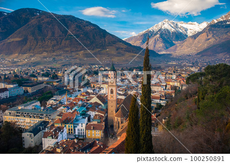 Merano city centre aerial panoramic view. Merano or Meran is a town in South Tyrol in northern Italy 100250891