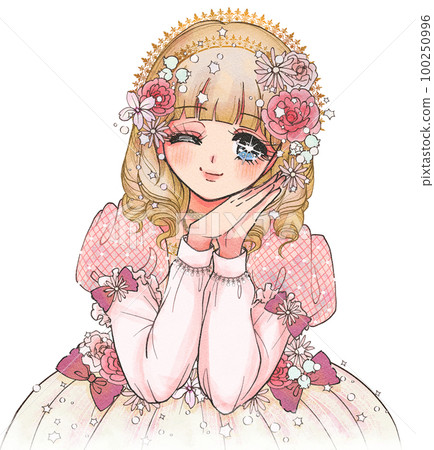 女孩卡通插圖，金色捲髮的公主穿著花裙子 100250996