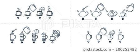 Tea, coffee making, brew process icons. Hot drink brew 100252488