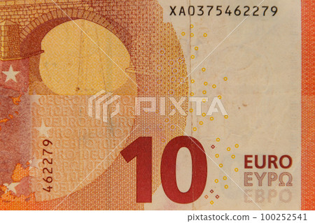 Macro shot of ten euro banknote Macro shot of ten euro banknote 100252541
