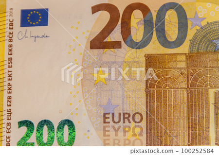 Macro shot of two hundred euro banknote Macro shot of two hundred euro banknote 100252584