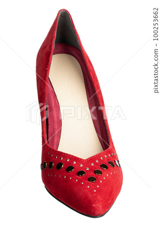 Red women's shoes on a white background. Suede shoes. Stylish and sexy shoes. 100253662