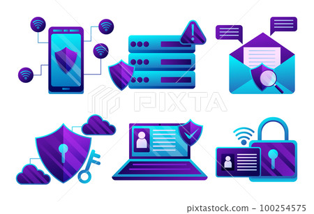 Digital data protection design element vector. Cyber security illustration set. Cloud computing network safety concept. 100254575