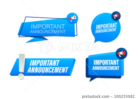 Megaphone label set with text important announcement. Megaphone in hand promotion banner. Marketing and advertising 100255082