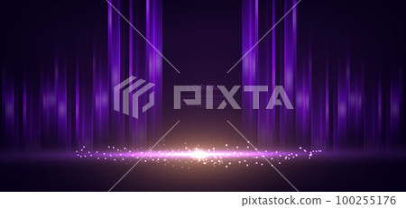 Luxury golden and light purple glowing lines with lighting effect sparkle on dark purple background. Template premium award design. 100255176