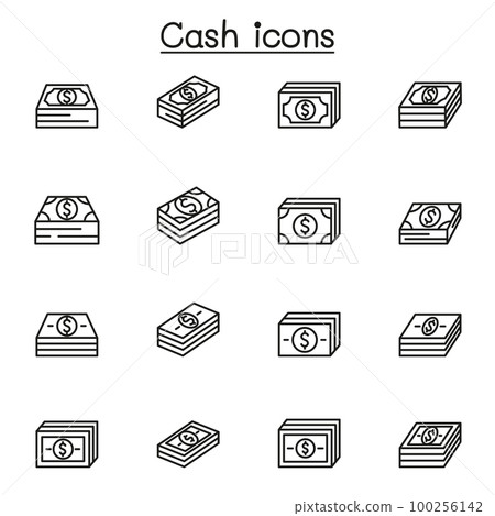 Money, cash, banknote and currency icon set in thin line style 100256142