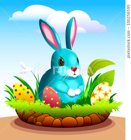 Rabbit with Easter eggs near his hole Rabbit with Easter eggs near his hole 100256595