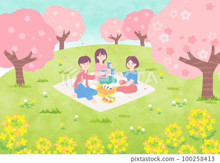 People enjoying cherry blossom viewing Scenery of cherry blossoms and rape blossoms People enjoying cherry blossom viewing Scenery of cherry blossoms and rape blossoms 100258413