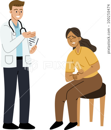 Male doctor diagnosing female patient having abdominal pain Male doctor diagnosing female patient having abdominal pain 100258474