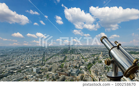 Telescope viewer and city skyline at daytime (against the background of very beautiful clouds). Paris, France. Telescope viewer and city skyline at daytime (against the background of very beautiful clouds). Paris, France. 100258670