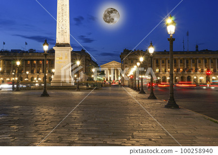Place de la Concorde and  Obelisk of Luxor at Night (with the moon), Paris, France 100258940