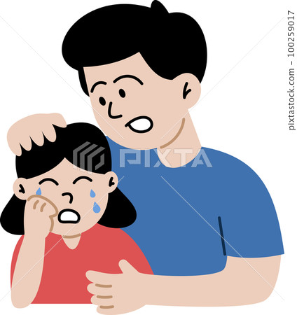 Father soothes crying daughter. Cute cartoon characters isolated on white background. Colorful vector illustration in flat style. Father soothes crying daughter. Cute cartoon characters isolated on white background. Colorful vector illustration in flat style. 100259017