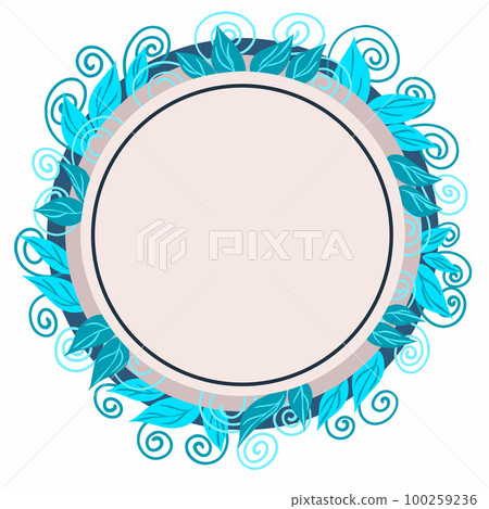 Round beige template with blue leaves and circular place for text. Vector illustration Round beige template with blue leaves and circular place for text. Vector illustration 100259236