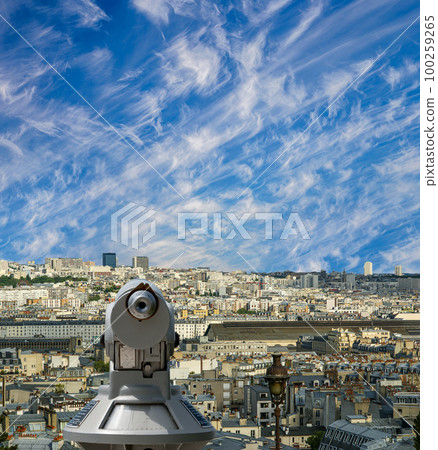 Telescope viewer and city skyline at daytime (against the background of very beautiful clouds). Paris, France. Telescope viewer and city skyline at daytime (against the background of very beautiful clouds). Paris, France. 100259265