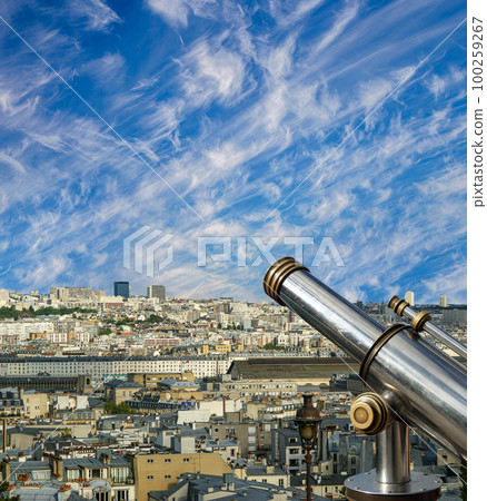 Telescope viewer and city skyline at daytime (against the background of very beautiful clouds). Paris, France. Telescope viewer and city skyline at daytime (against the background of very beautiful clouds). Paris, France. 100259267