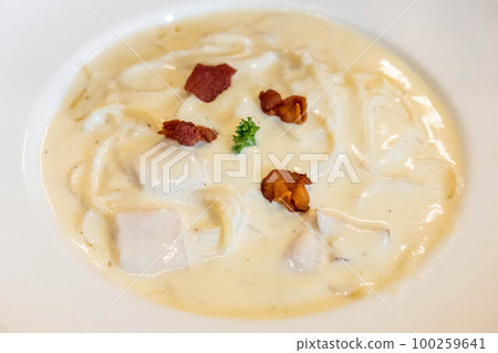 Spaghetti Carbonara served on white plate. Soft Focus Spaghetti Carbonara served on white plate. Soft Focus 100259641