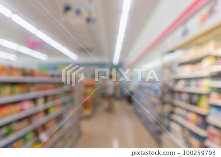Supermarket convenience store aisle interior shelves blur background Supermarket convenience store aisle interior shelves blur background 100259703