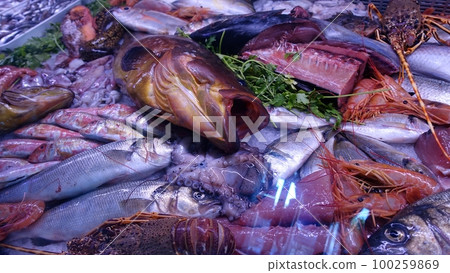Fresh fish on the counter of a city market in Italy. Fresh fish on the counter of a city market in Italy. 100259869