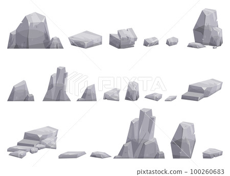 Cartoon stones collection isolated on white. Pieces of mountain rock and desert stones vector illustration 100260683